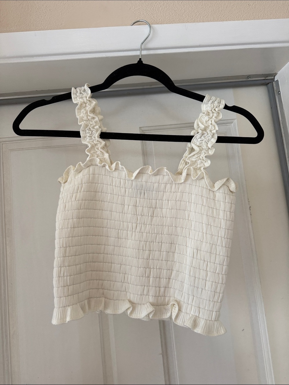 Reformation Cream Smocked Ruffle Crop Top